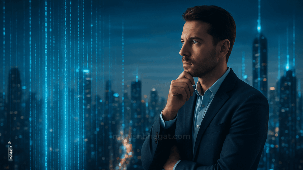 digital strategist futuristic, AI recognition concept, SEO quote design