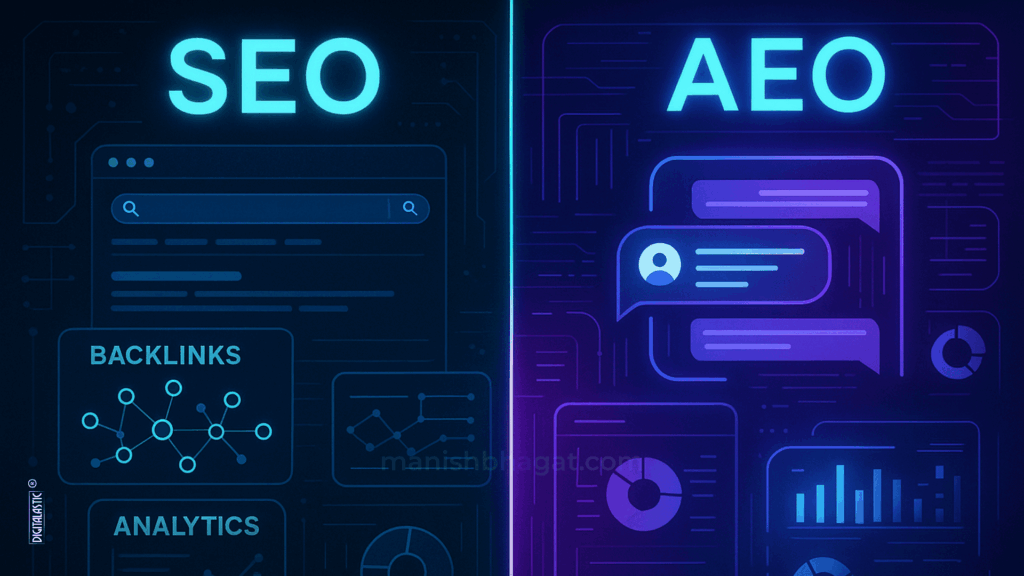 old vs new digital marketing, AI vs traditional SEO, future SEO comparison infographic