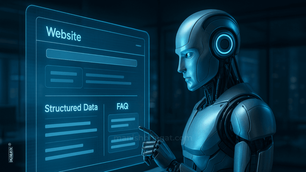 AI robot analyzing data, AI digital assistant, machine understanding content