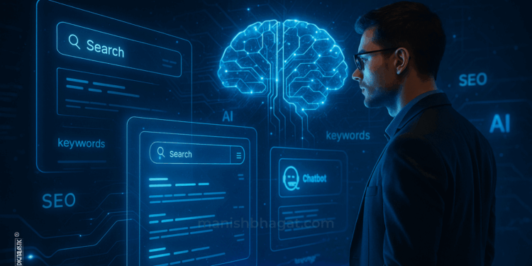 AI SEO concept, answer engine optimization, AI chatbot search, artificial intelligence and SEO, AI-powered search interface, chatbot answers concept