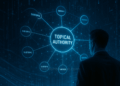 Futuristic SEO strategist analyzing holographic web of interconnected topics and nodes symbolizing topical authority in digital marketing.