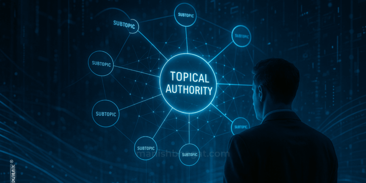 Futuristic SEO strategist analyzing holographic web of interconnected topics and nodes symbolizing topical authority in digital marketing.