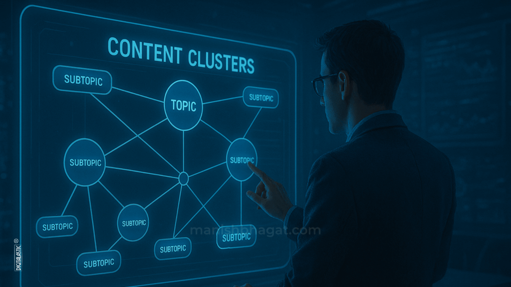 Professional marketer viewing AI-driven search interface with trust signals and authority score on futuristic screen.